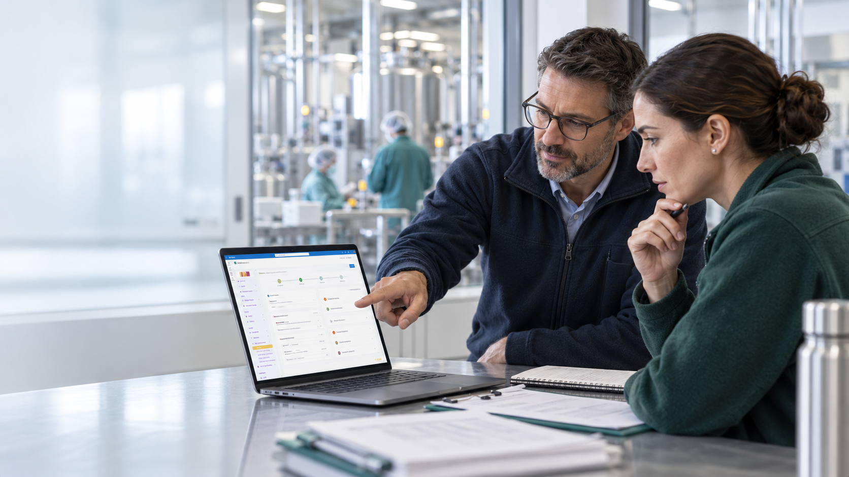 Quality and operations professionals reviewing an INQ. quality workspace on a laptop beside a pharmaceutical production facility