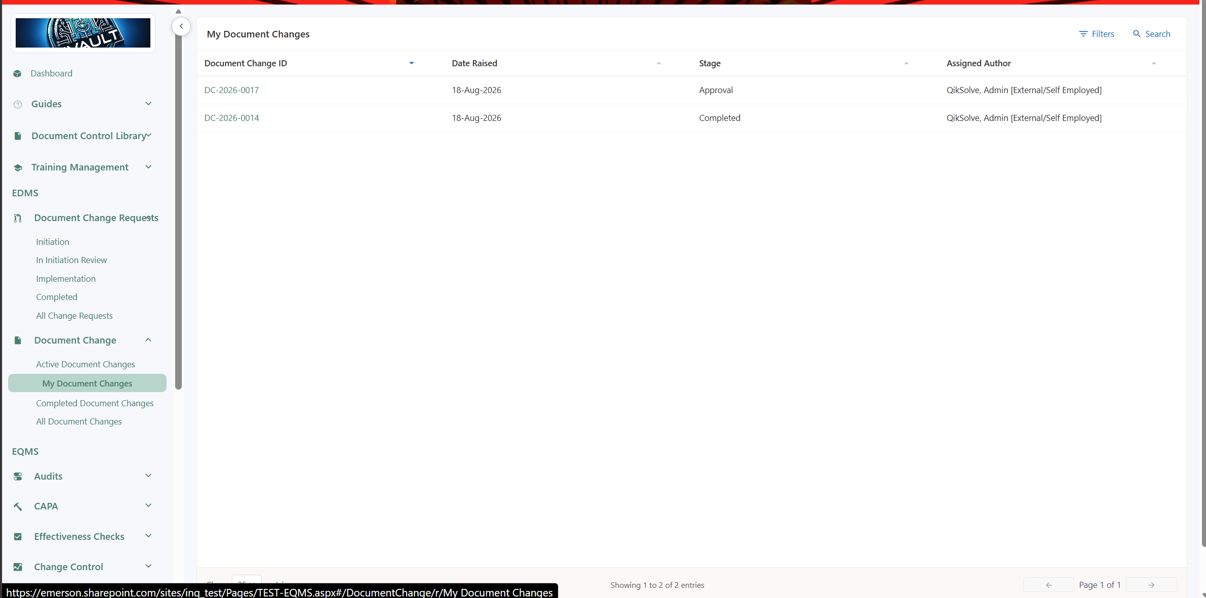INQ. Document Change register showing controlled records, workflow stage, and assigned ownership.