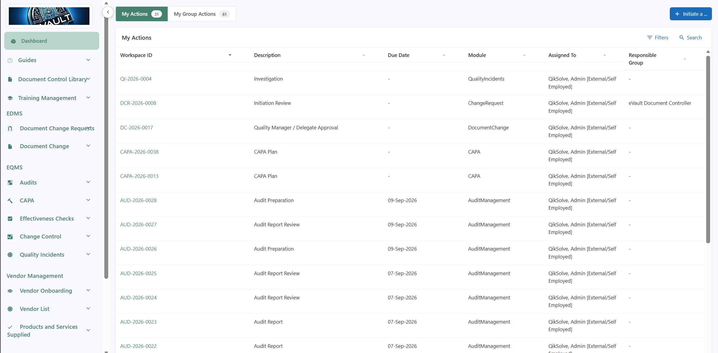 INQ. action dashboard showing assigned quality work, responsible groups, due-date context, and activity across modules.