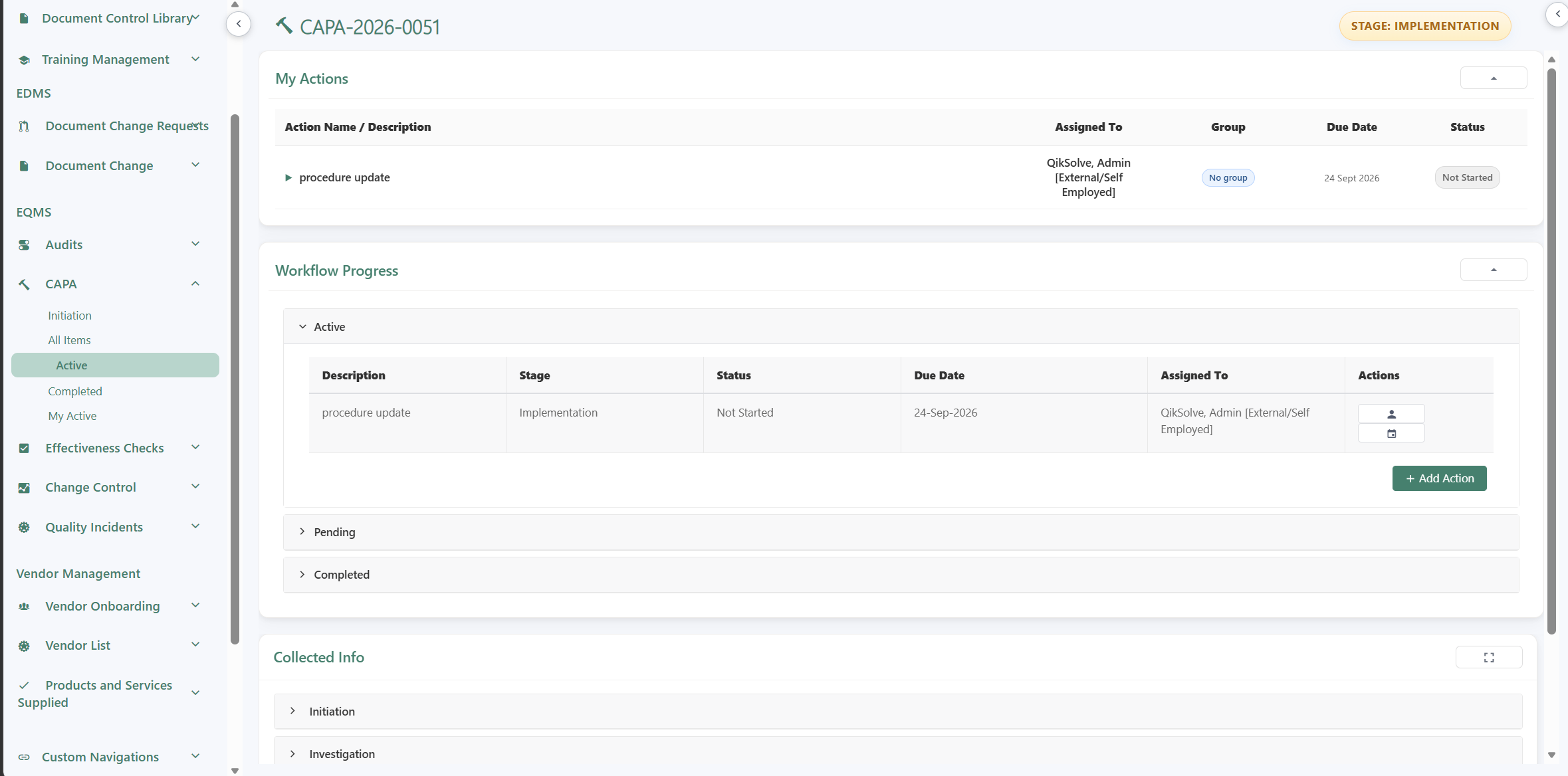 INQ. CAPA workspace showing an active implementation stage, assigned procedure-update action, due date, status, and workflow progress.
