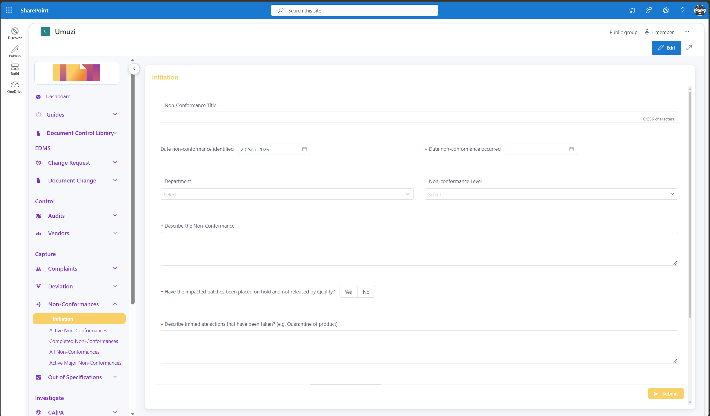 INQ. Non-Conformance initiation form showing structured capture of the event, department, severity, containment decision, and immediate actions.