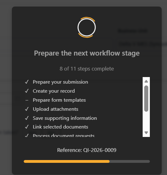 INQ. submission progress dialog showing 8 of 11 steps complete before the record advances to its next workflow stage.