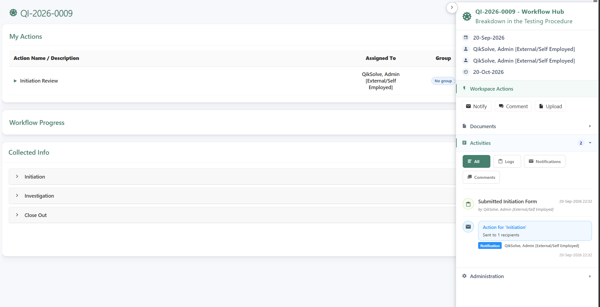INQ. workflow workspace showing assigned actions, workflow progress, collected information, documents, and activity history around a quality record.